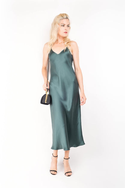 Vintage-Inspired Silk Slip Dress - Emerald - Lovesilk.co.nz