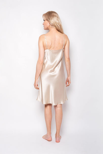 100% Mulberry Silk Nightgown Spaghetti Strap Chemise Nightdress Everyday Slip - Champagne Gold - Lovesilk.co.nz