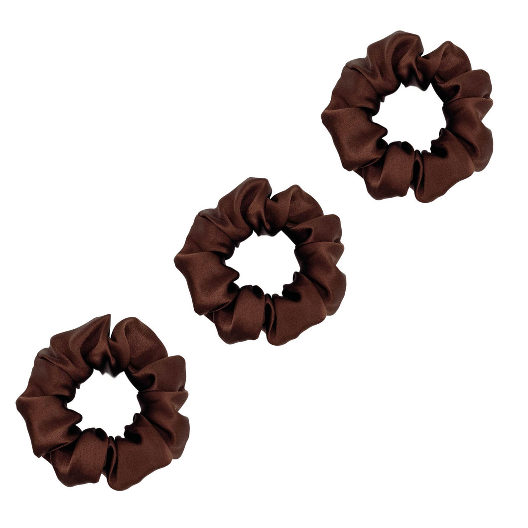 3 Pack Premium Mulberry Silk Scrunchies - Chocolate Brown - Medium