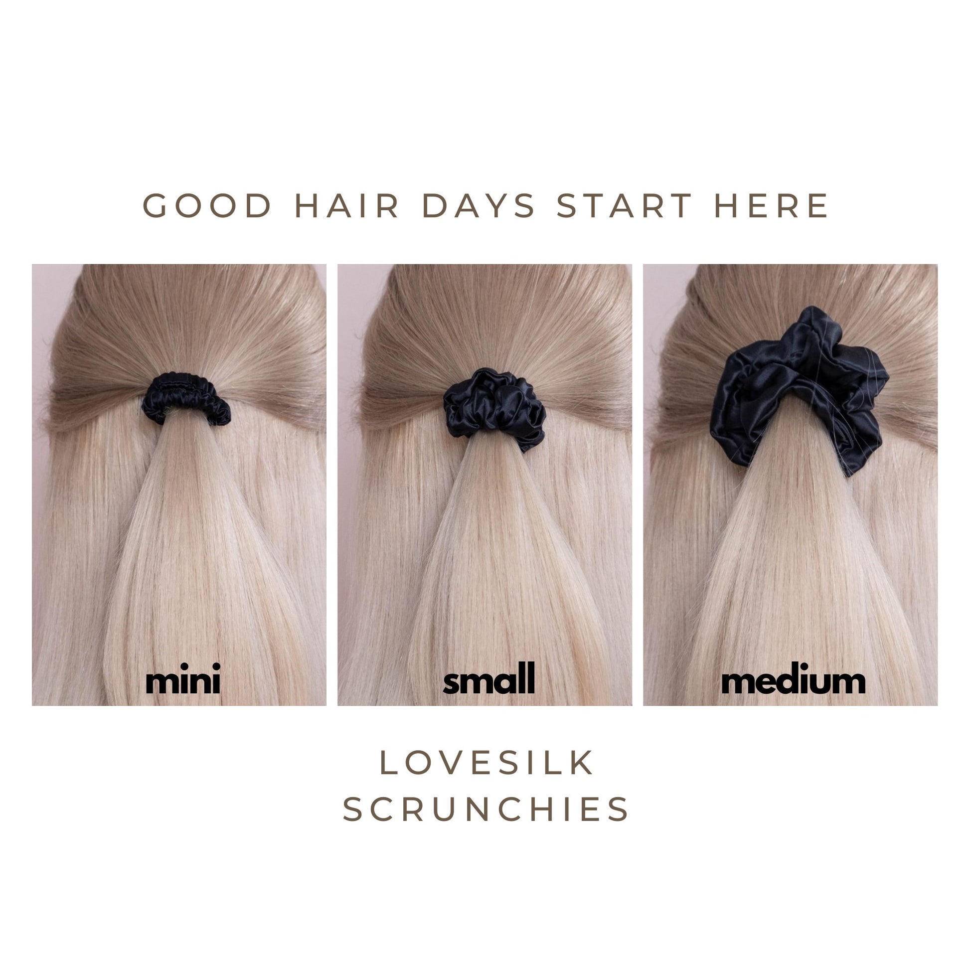 LS Silk scrunchie size guide: mini, small and medium in hair – LS Silk NZ