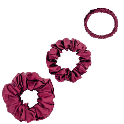 Burgundy silk scrunchies trio in mini, small and medium – LS Silk NZ