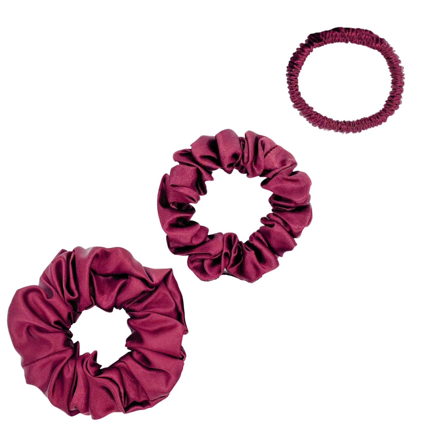 Burgundy silk scrunchies trio in mini, small and medium – LS Silk NZ