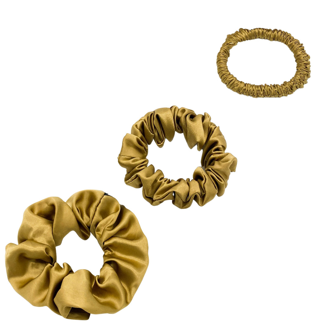 Silk Scrunchies Set - Luxury Gold - Mini, Small, Medium - Lovesilk.co.nz