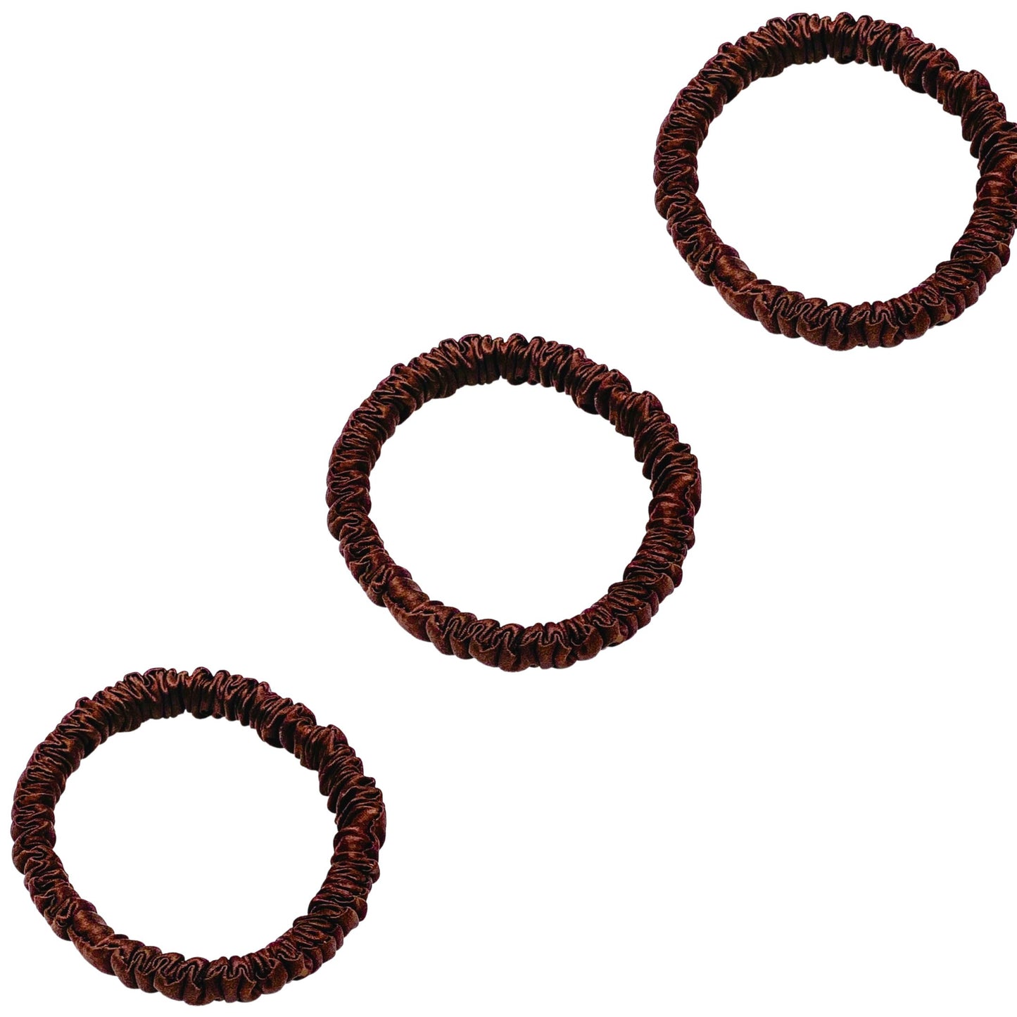 Three chocolate brown mini mulberry silk scrunchies – LS Silk NZ