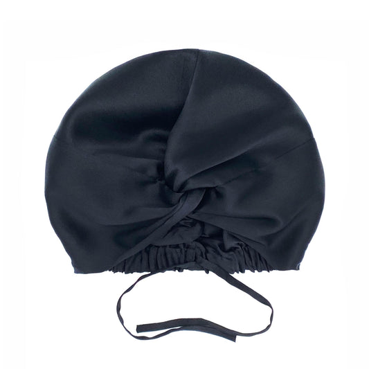 Black double-lined mulberry silk hair bonnet with adjustable ties – LS Silk NZ