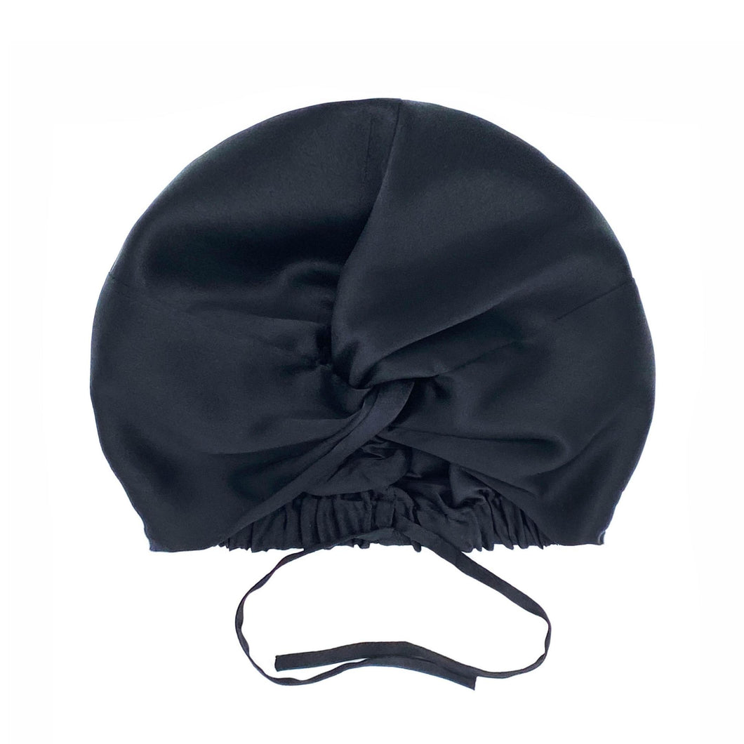 Double-Lined Adjustable Women Silk Hair Bonnet Mulberry Silk Turban Night Hair Care Hair Wrap - Black