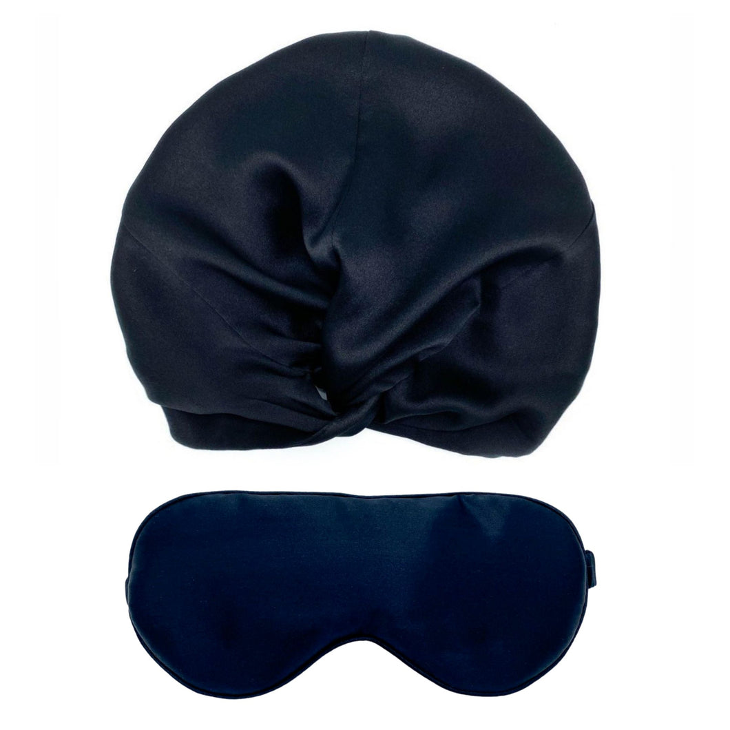 Silk Sleep Gift Set - Sleep Mask & Silk Bonnet - Black