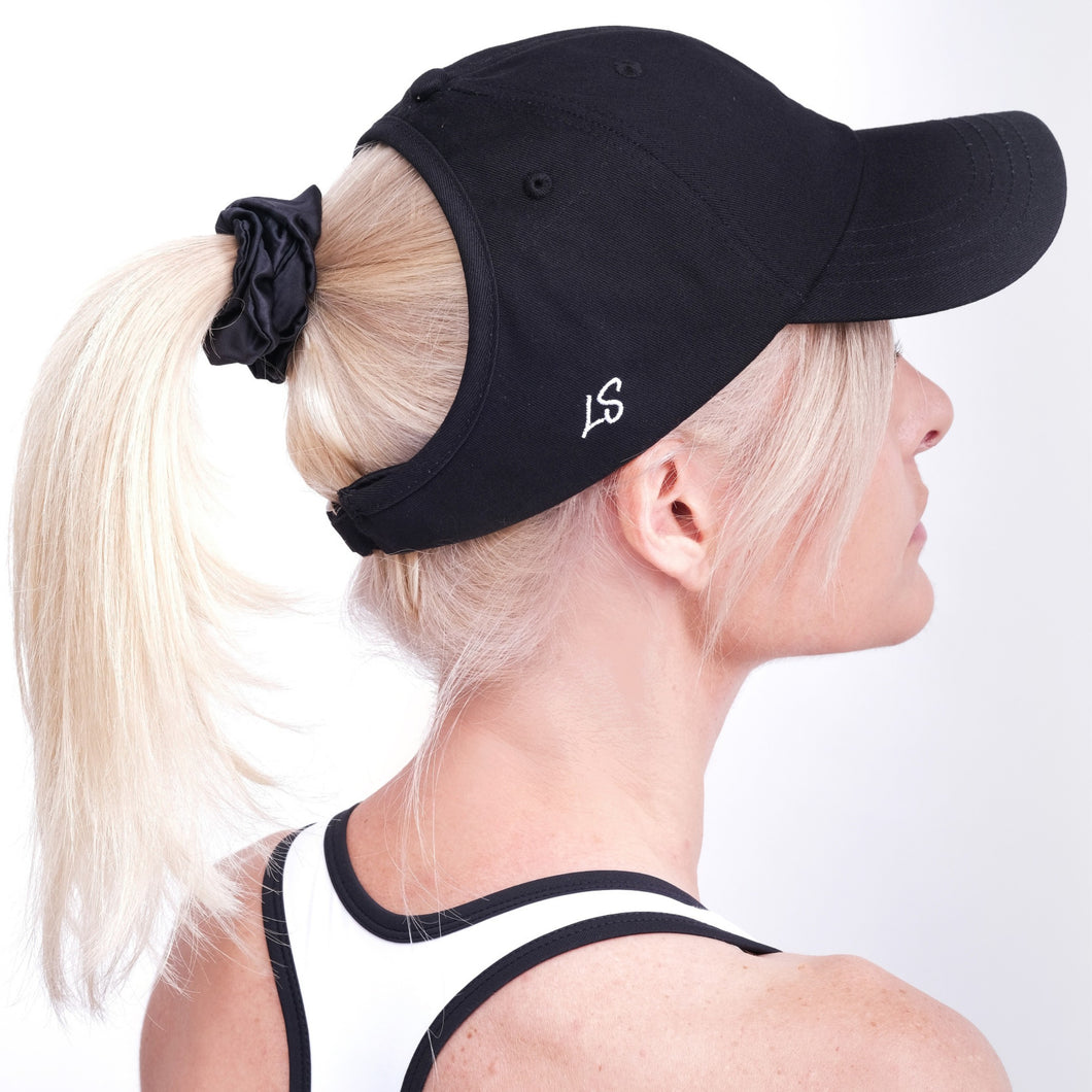 Silk-lined Baseball Cap With Open Back For Curly Hairs & Pony Tails - Midnight Black