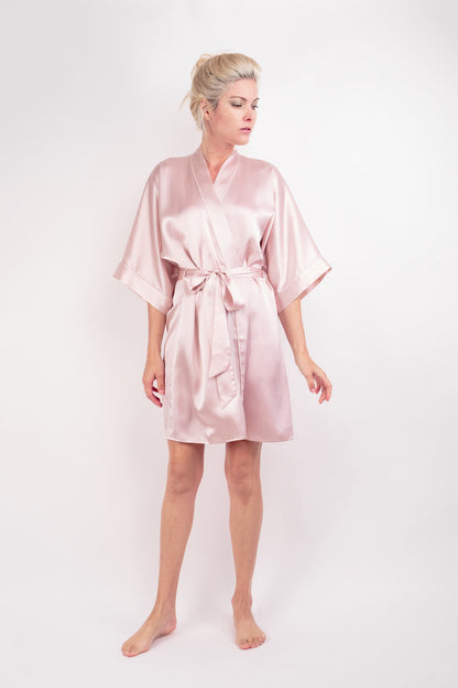 Woman wearing pink mulberry silk kimono robe, full length – LS Silk NZ