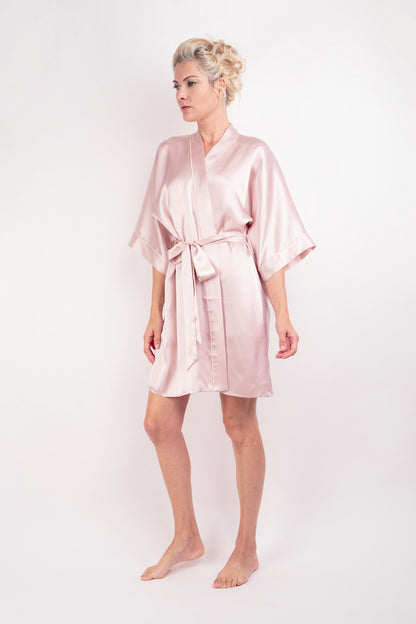 Model in pink silk kimono robe tied at the waist – LS Silk NZ