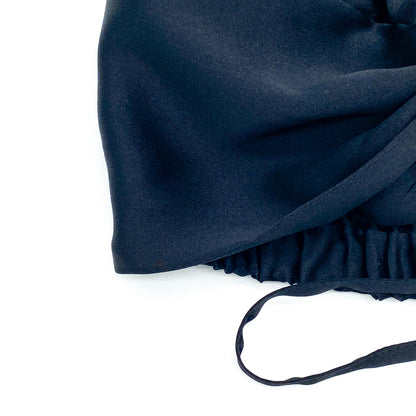 Close-up of navy silk bonnet edge with elastic and adjustable tie – LS Silk NZ