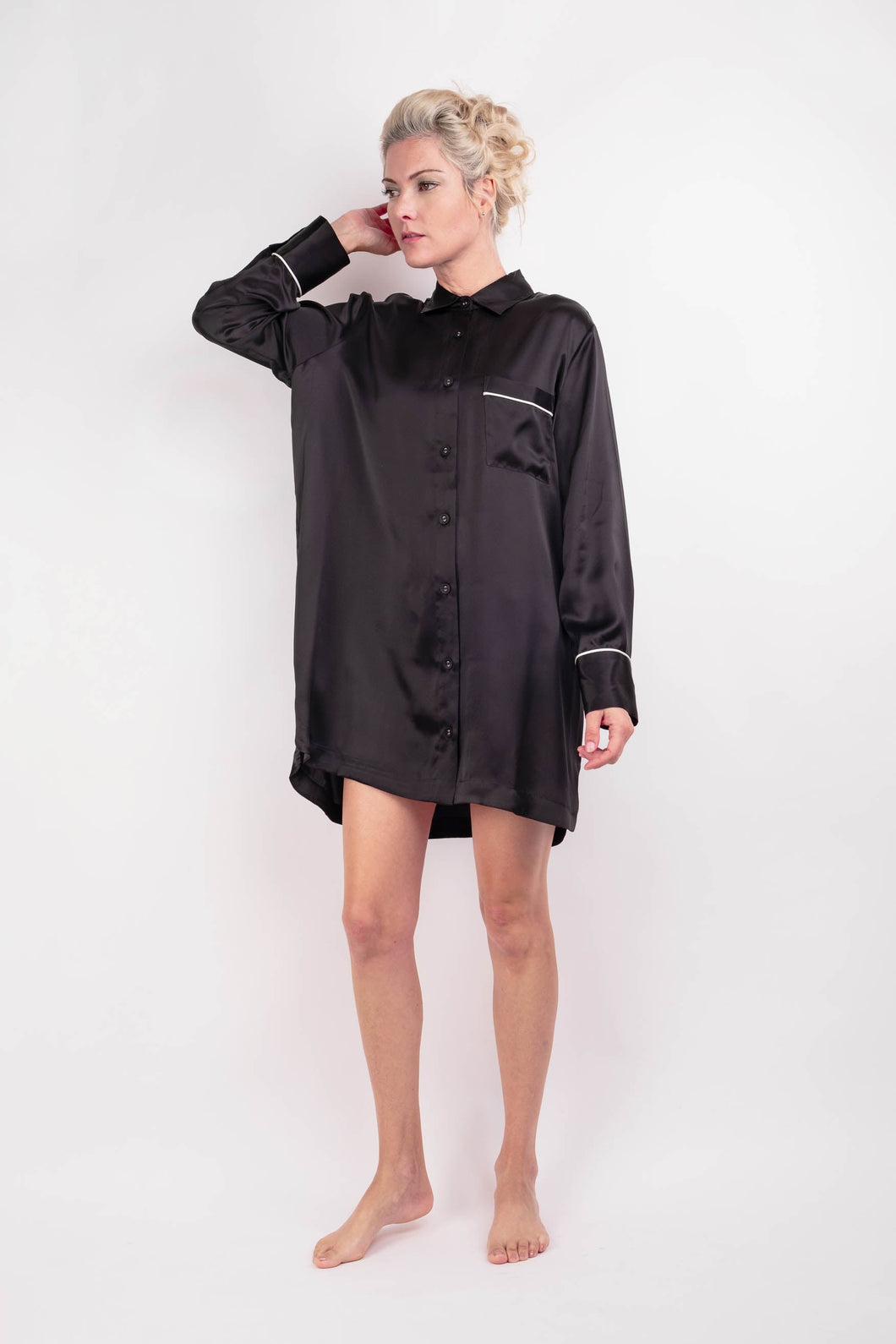 Women Classical Lightweight Mulberry Silk Sleep Shirt Loungewear Sleep Dress  - Black