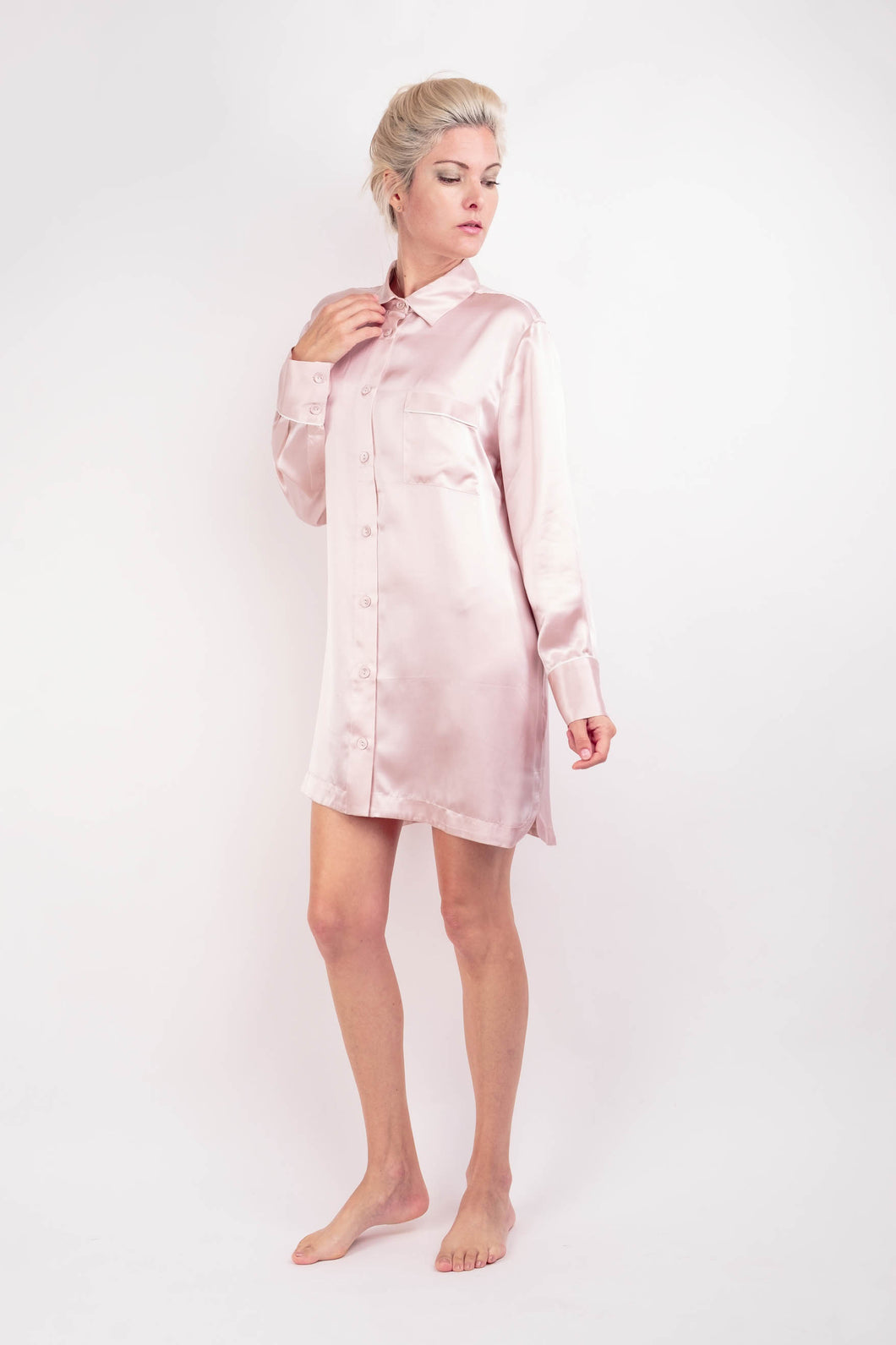 Women Classical Lightweight Mulberry Silk Sleep Shirt Loungewear Sleep Dress  - Pink