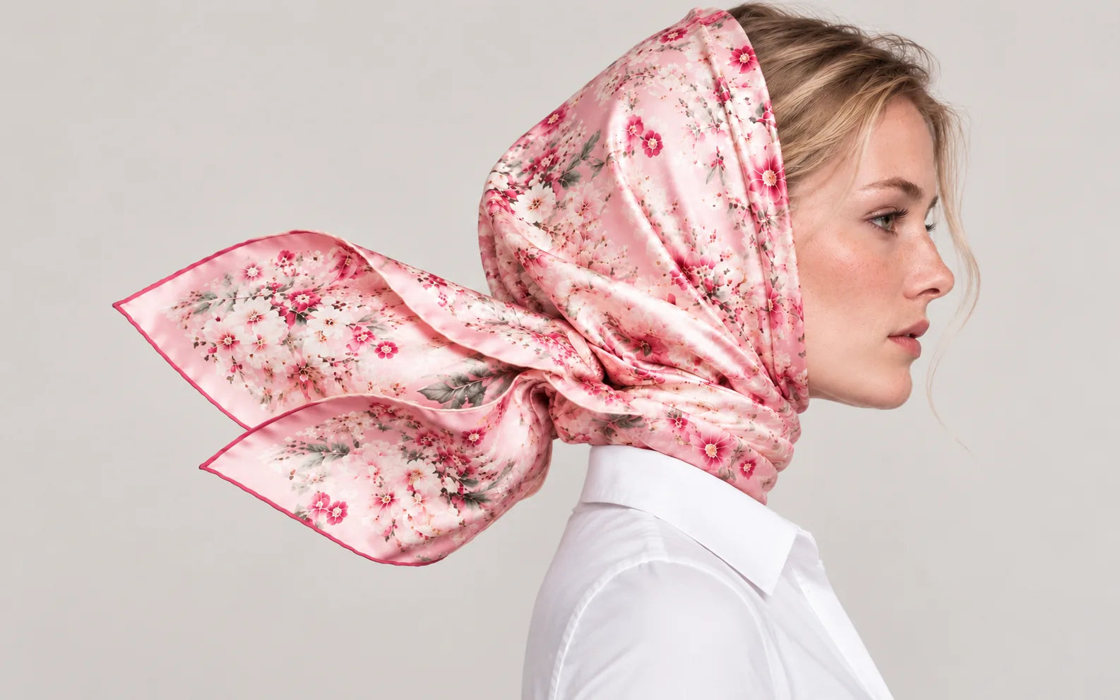 A woman in a white shirt wearing a pink floral silk scarf as a headscarf, seen in profile