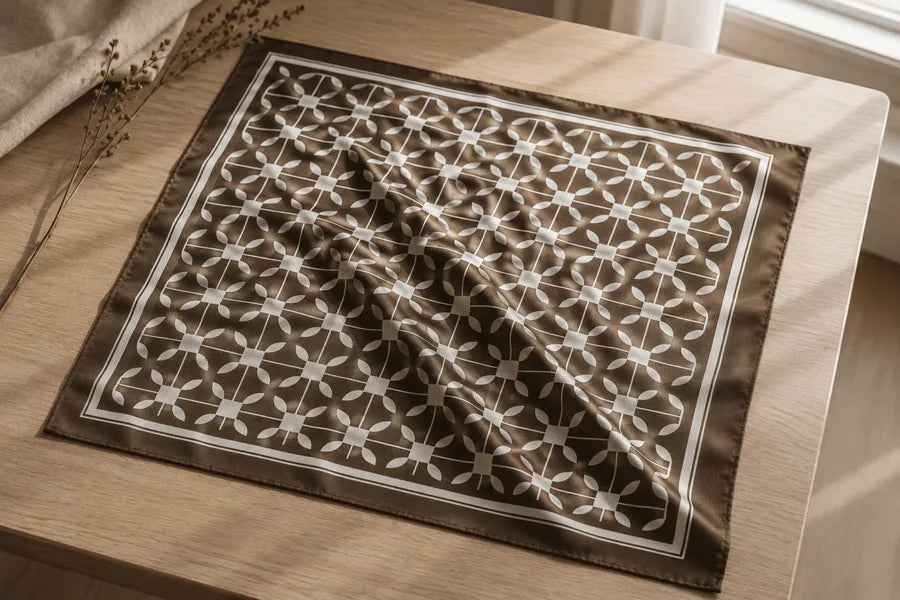 A brown silk pocket square with an ivory lattice pattern, laid on a wooden table