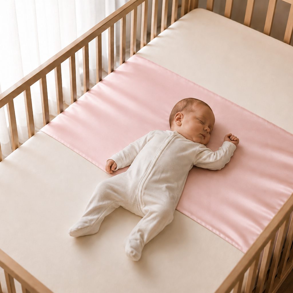 Illustrative image: a baby asleep on their back in an empty cot, on a pink silk cot sleeve fitted over the fitted sheet